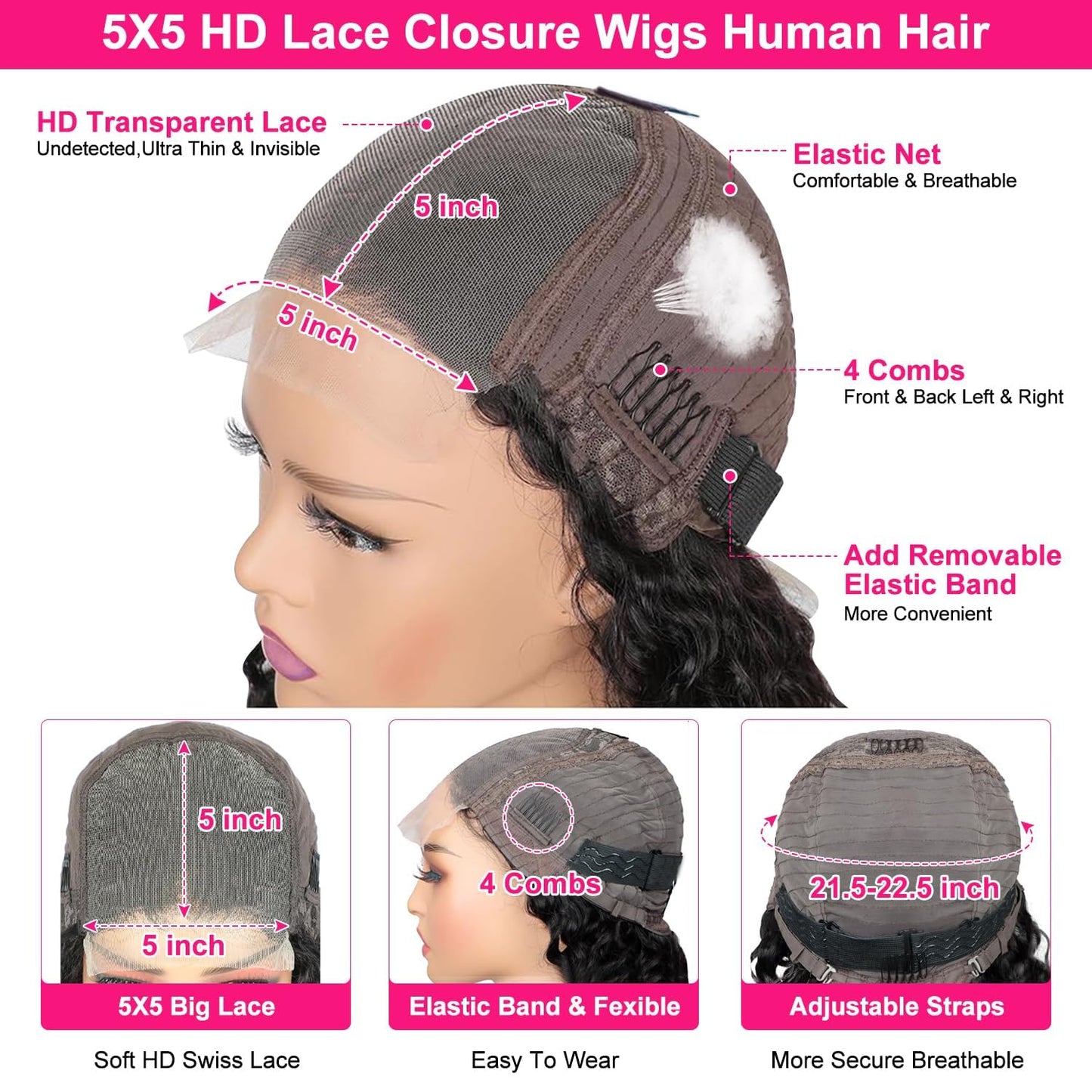 5x5 HD Lace Closure Wigs Human Hair Deep Wave Lace Front Wigs Human Hair 180% Density Wet and Wavy Deep Curly Closure Wig Gluele