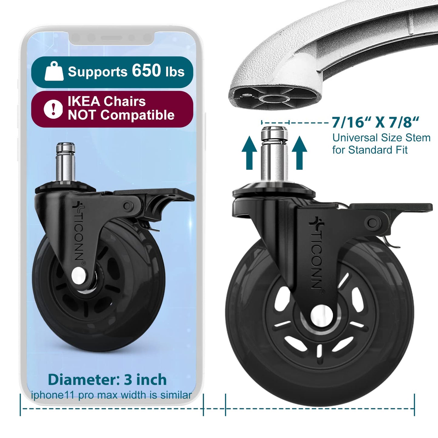 TICONN Office Chair Caster Wheels Set of 5 for Tile, Hardwood Floors and Carpets, Universal Fit for Most Chairs (Black with Brake)