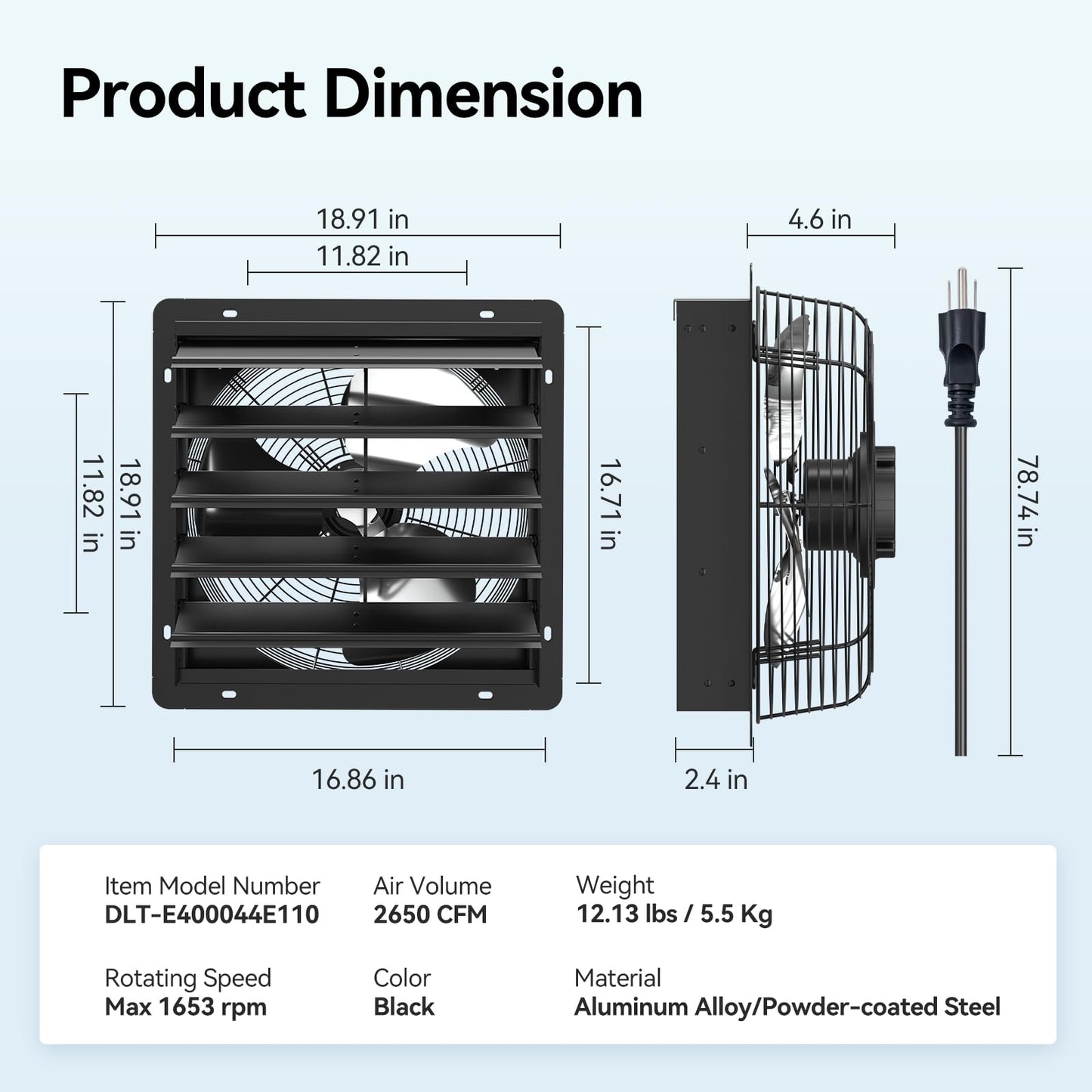 Addlon 16 Inch Shutter Exhaust Fan Wall Mounted With Ec Motors And Remote Control, Timer, 8 Speeds, 2650Cfm, Low Noise, Easy To