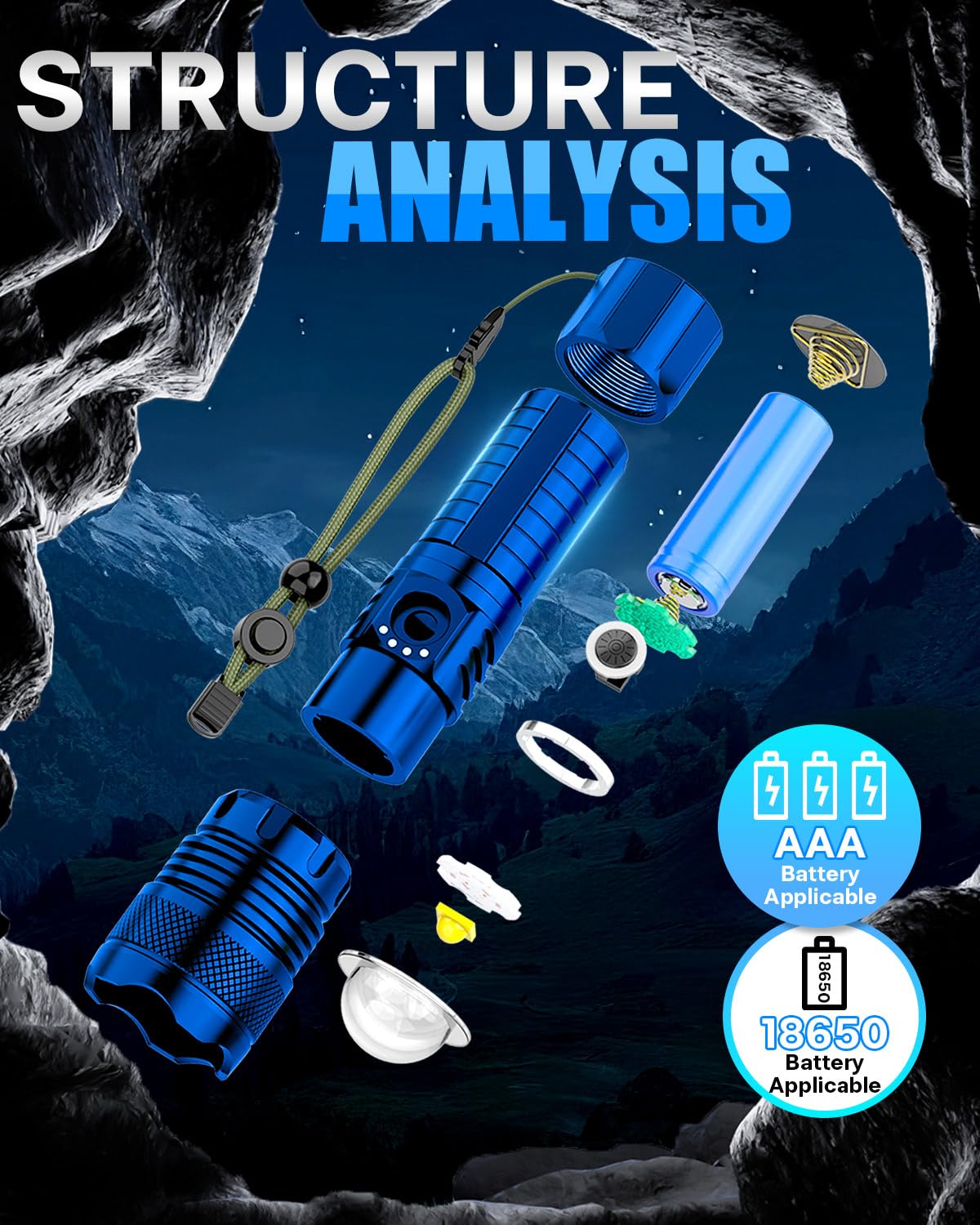 Victoper Blue LED Tactical Flashlight, Rechargeable, 5 Modes, Zoomable, Waterproof, P50 1 Pack