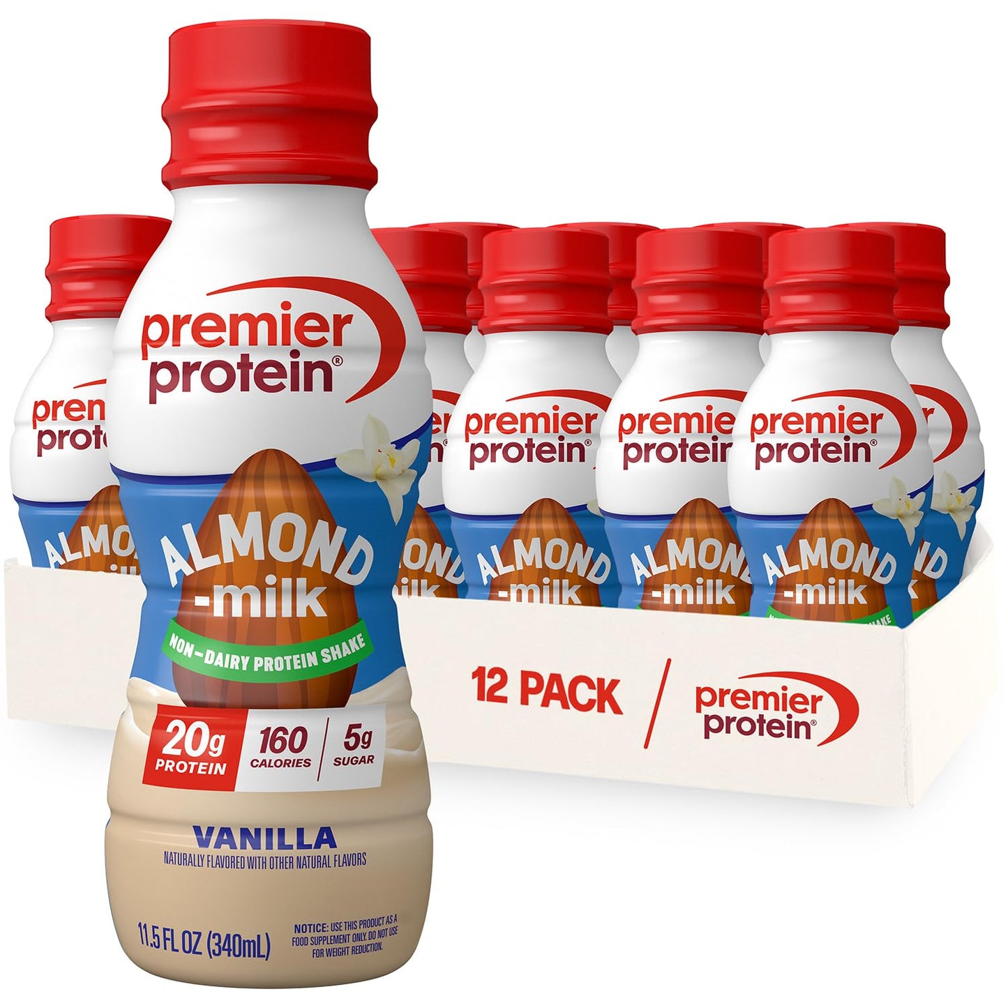 Premier Protein Almondmilk Plant Based Protein Shake 20g Protein 5g Sugar 11.5 Fl oz Vanilla 12 Count