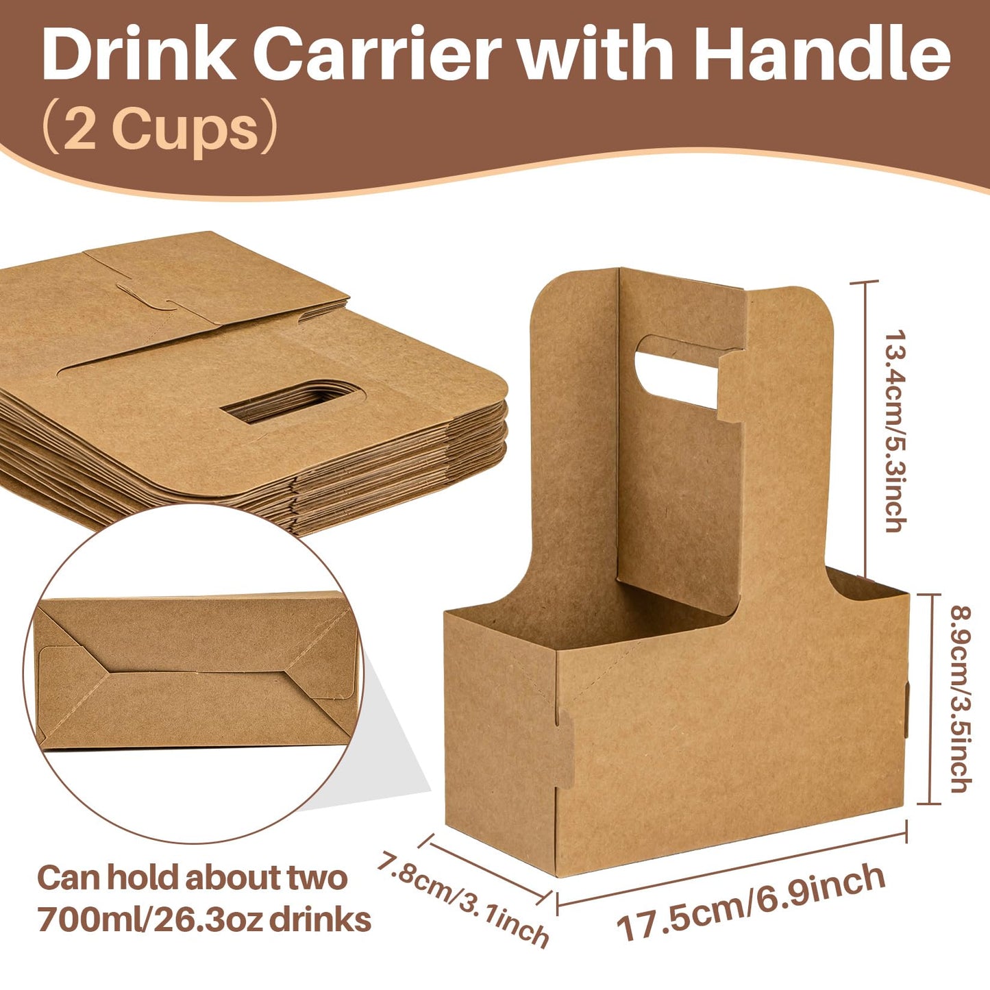 MAQIHAN 2 Cup Drink Carrier with Handle - 12Pcs Disposable Paper Cardboard Coffee Cup Holder Portable Drink Caddy Cup Carriers to go Cup Holder Food Delivery Accessories for Hot/Cold Drinks (Brown)