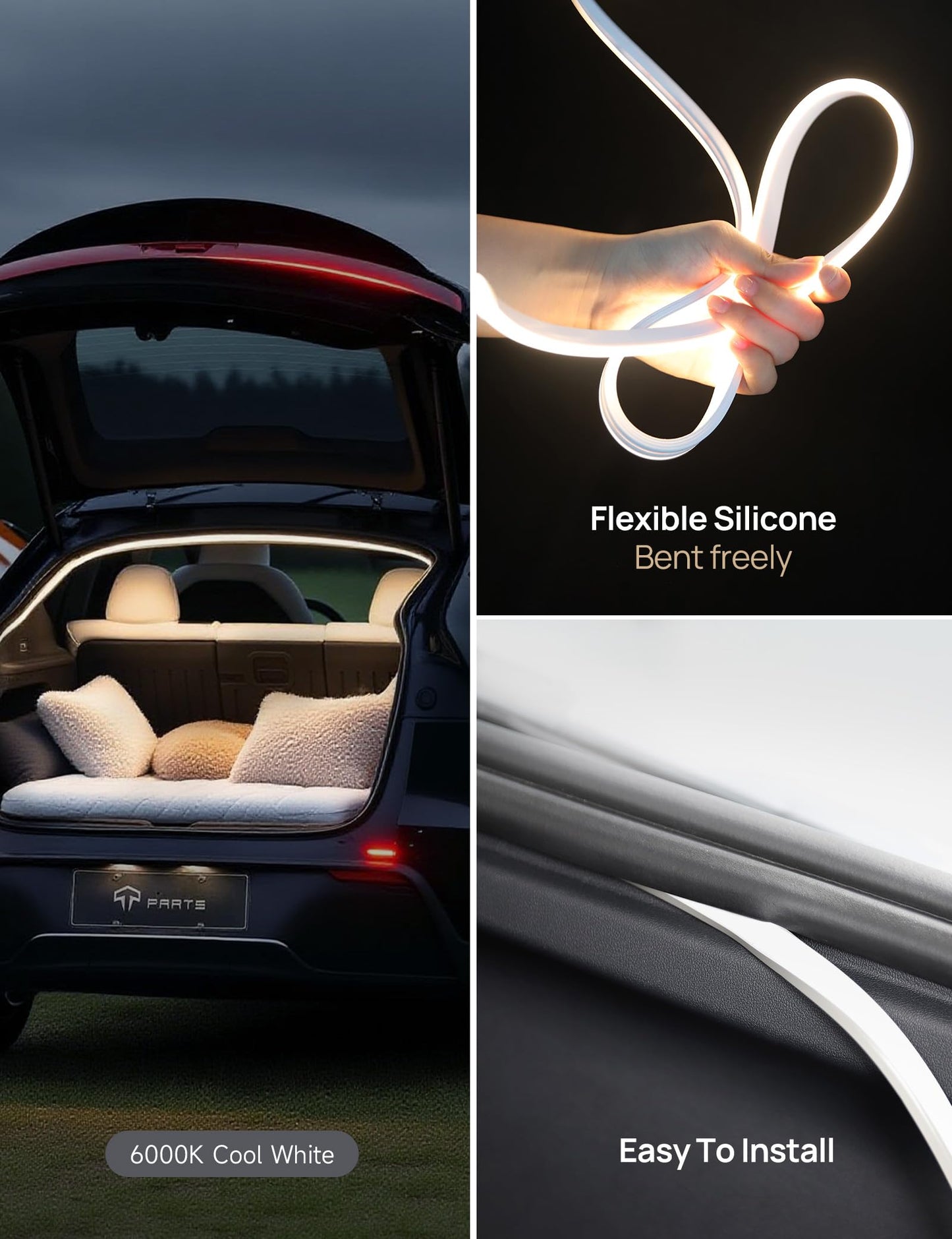 Tparts Trunk Led Light Strip For Tesla Model Y (Including New Model Y Juniper 2025+) Silicone Waterproof Intelligent Dual-Color Switchable Interior Lighting Warm & Cool White (3000K&6000K)