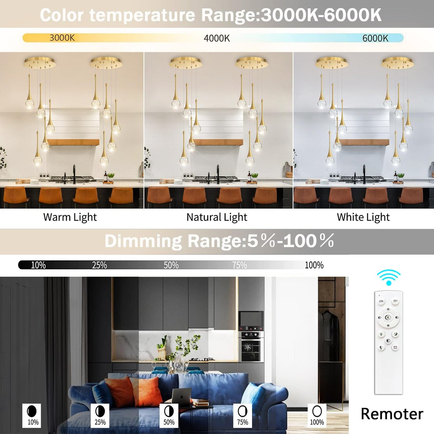 Cenzoz 5-Lights Modern Pendant Lights For Kitchen Island Led Dimmable Chandelier Crystal Glam Ceiling Pendant Lighting For Dining Room Hallway Bedroom Lamp Antique Gold