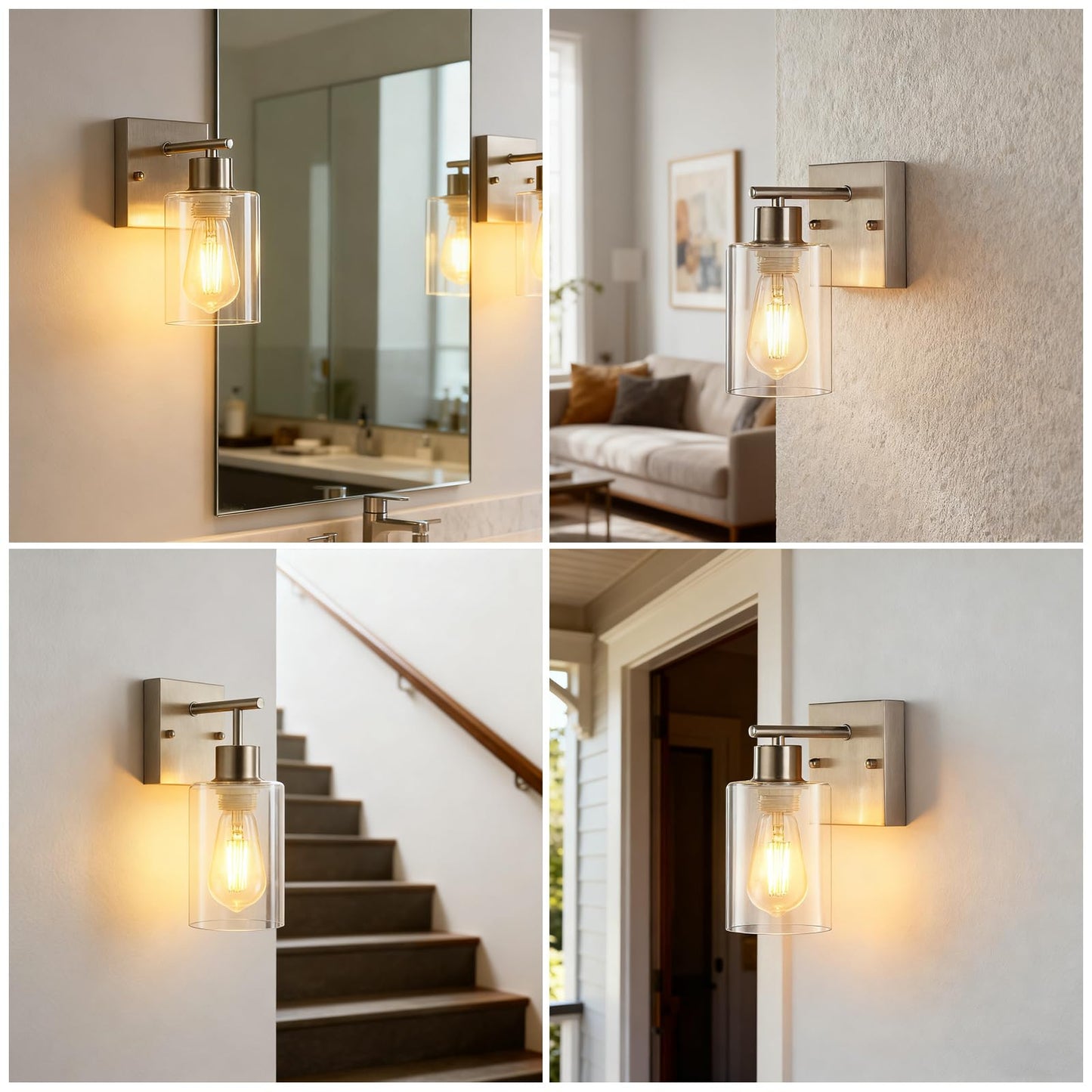 2-Pack Bathroom Wall Sconces Brushed Nickel Vanity Lights Modern Wall Light Fixture With Clear Glass Shade Farmhouse Wall-Mount Lighting Lanterns Wall Lamps For Mirror Living Room Bedroom Kitchen