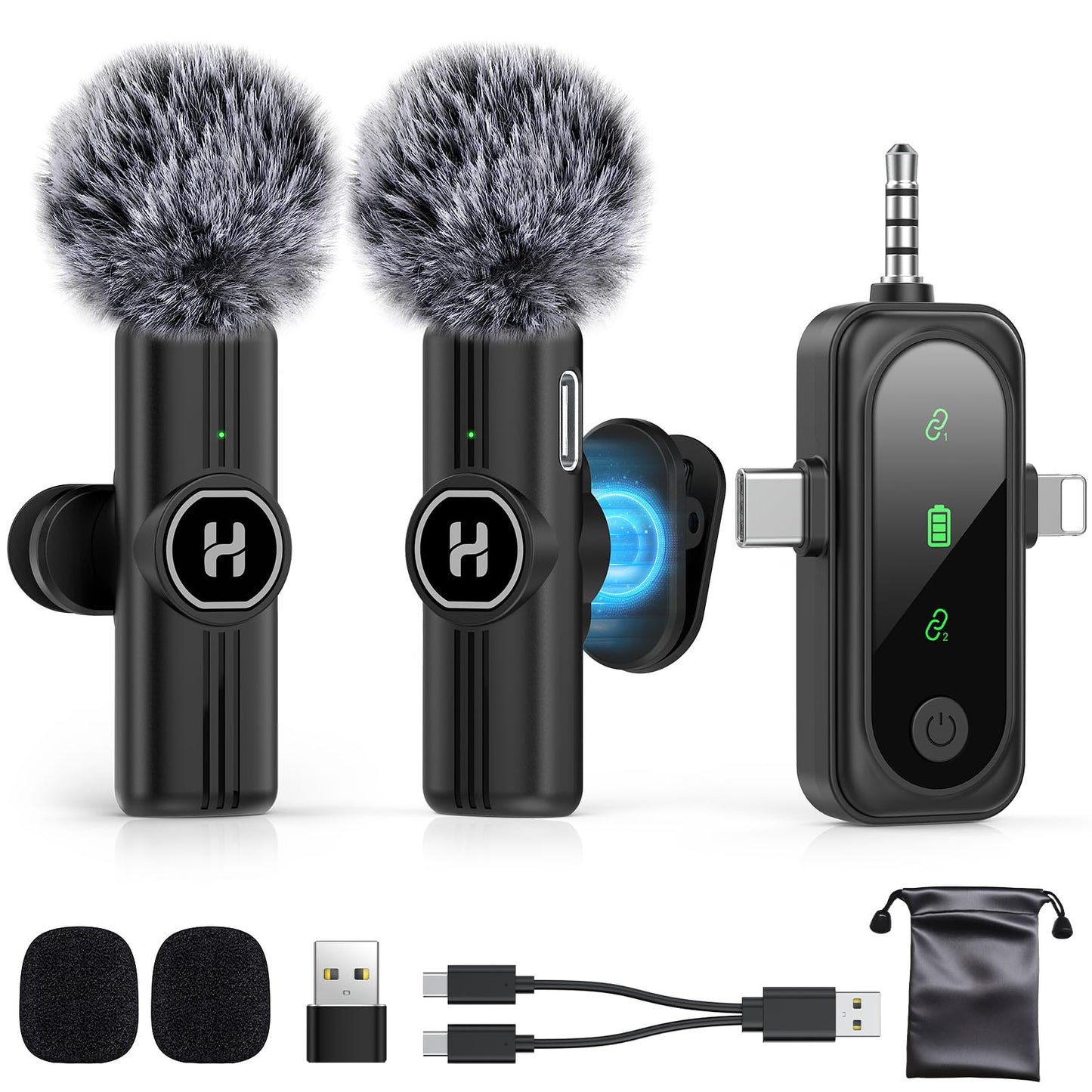 HEHOTTC 3 in 1 Mini Wireless Lavalier Microphone for All Devices (iOS, Andriod, Camera, PC) - Noise Reduction Lapel Mic for Reco
