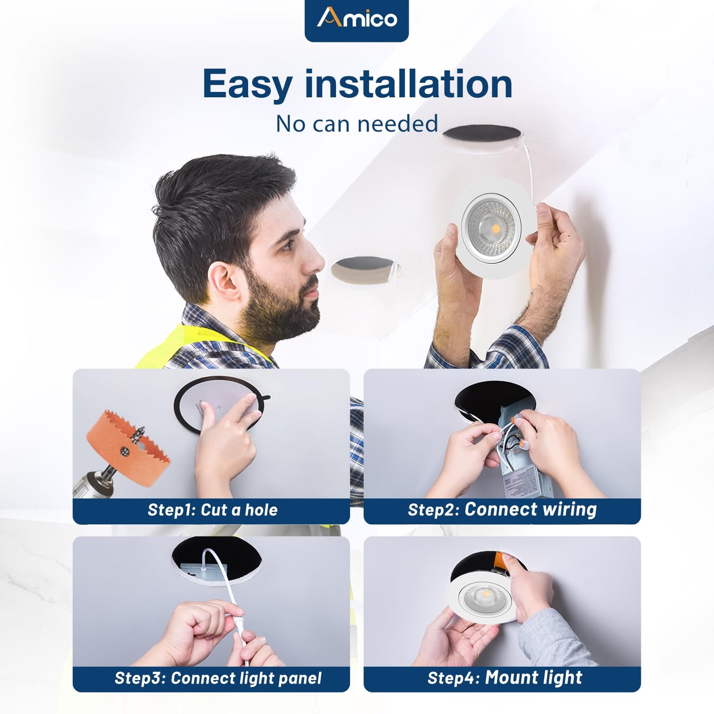 Amico 4 Pack 4 Inch 5Cct Gimbal Led Recessed Lighting 360&90 Adjustable Eyeball Directional Downlight Dimmable 2700K/3000K/3500K/4000K/5000K Selectable Cri90+ 9W 700Lm Etl&Fcc