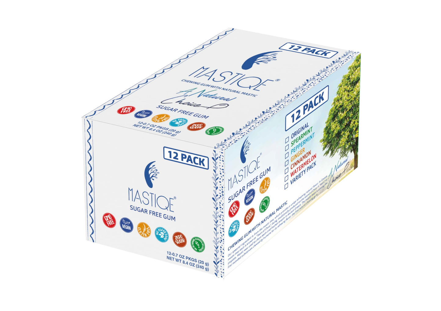 Mastiqe Sugar Free Hard Chewing Gum with Natural Mastic (Variety Pack, 12 Count)