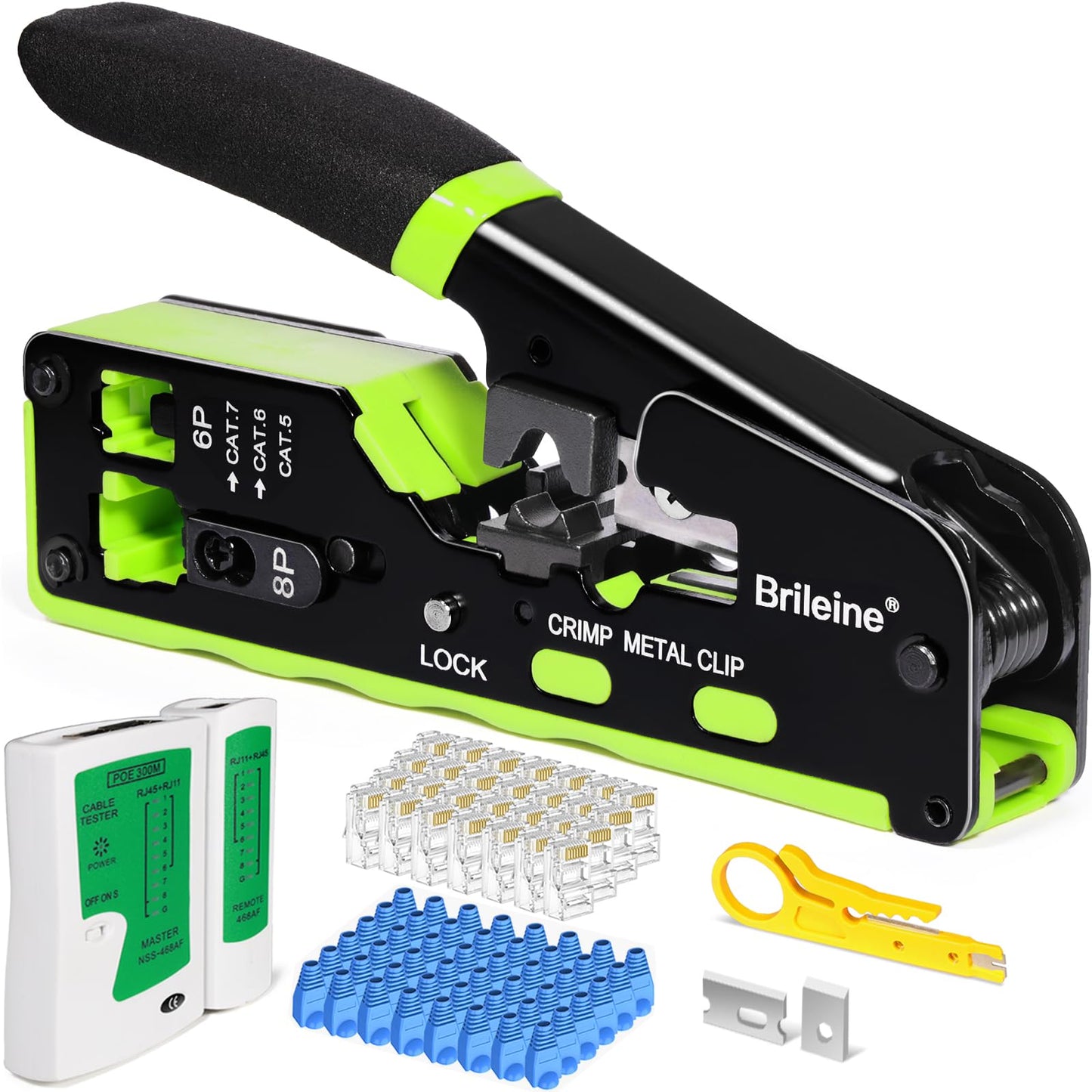 Brileine Ethernet Crimping Tool Kit RJ45 Crimp Tool Pass Through Kit for Cat6/ Cat 5/ RJ45Connectors with 50PCS RJ45 Pass Through Connectors 50PCS Covers Mini Wire Stripper (Ethernet Crimper)-New