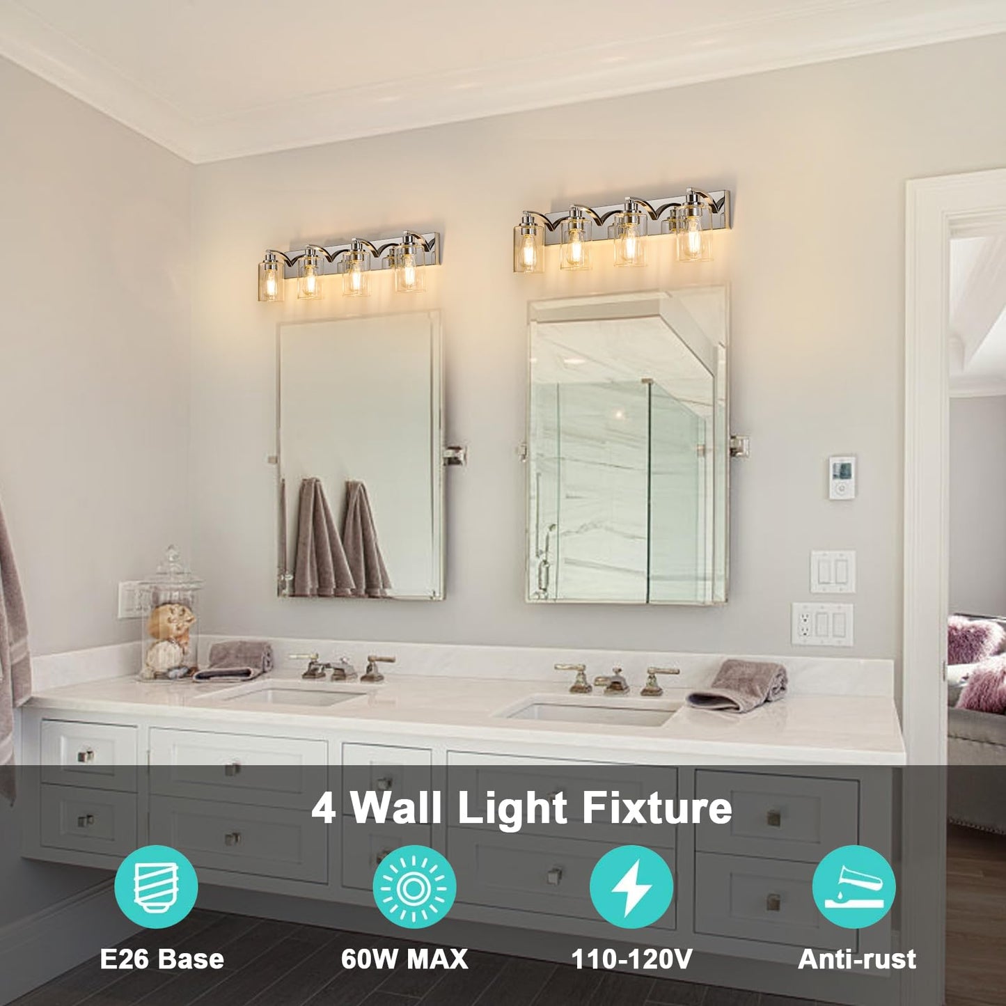Alaislyc 4-Light Bathroom Light Fixtures Modern Chrome Vanity Lights For Bathroom Lighting Fixtures Over Mirror With Clear Glass Shade For Cabinet Mirror Bedroom Hallway
