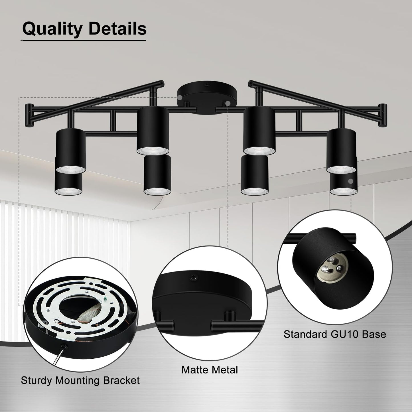 Auquee 8 Light Track Lighting Fixtures Ceiling Matte Black Kichen Track Lighting Fixtures Rotatable Light Heads Adjustable Modern Led Track Lights For Kitchen/Hallway No Gu10 Bulb
