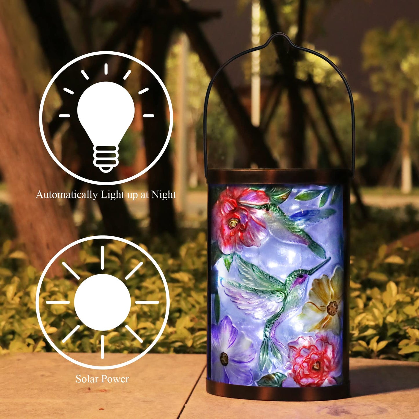 MUMTOP Hummingbird Solar Lantern Outdoor LED Light - Waterproof Glass Tabletop Lamp for Patio Garden - Light Green