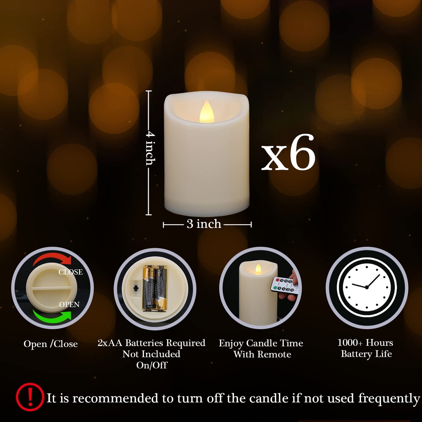 7LinRay Battery Operated Flickering Flameless Candles with Remote and Timers, 1000 Hours Waterproof Outdoor Indoor LED Pillar Flameless Candles,Ivory Plastic, D3 X H4, Set of 6