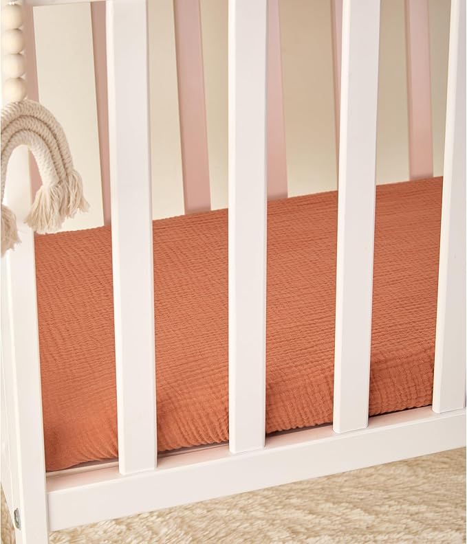TILLYOU Muslin Bassinet Sheets Girls Boys, 100% Cotton Bassinet Sheets, Fit Oval, Rectangle and Square Mattress, 2 Pack,Caramel&Brown