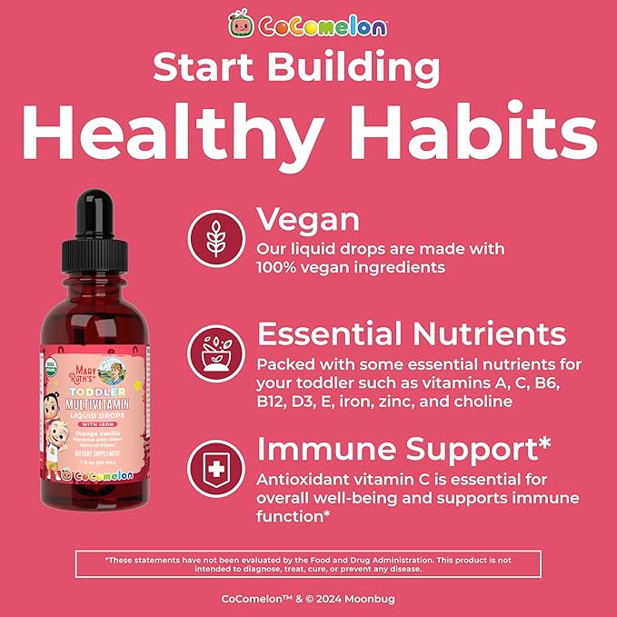 MaryRuth Organics CoComelon Toddler Kids Multivitamin with Iron | Immune Support | Toddler Vitamins | USDA Organic | Sugar Free | Multivitamin Liquid Drops for Kids Ages 1-3 | Vegan | 1 Fl Oz