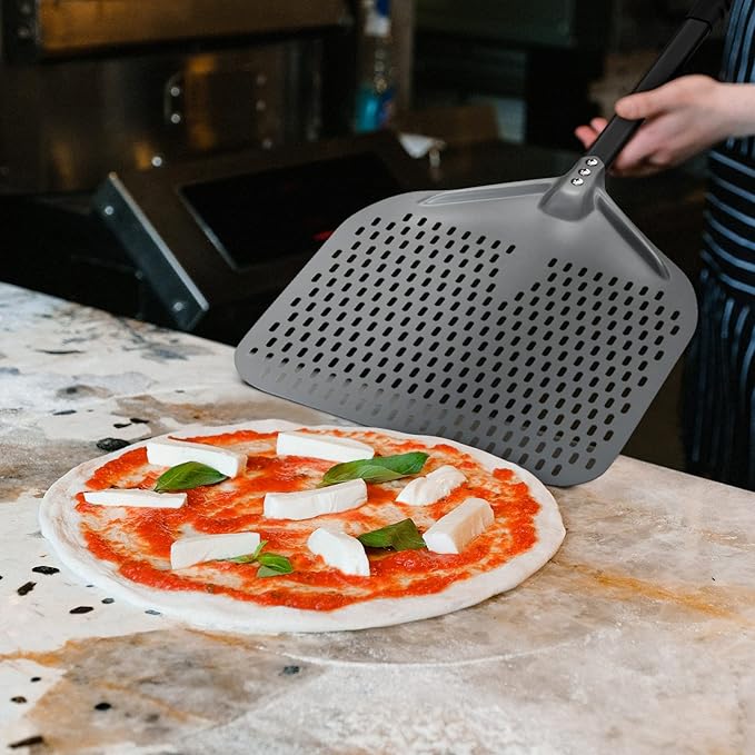 14” Perforated Pizza Peel, Long Handle Hard Anodized Aluminum Pizza Peel, Extra Large Pizza Turning Peel, Professional Pizza Pizza Paddle, 34.8 inch overall