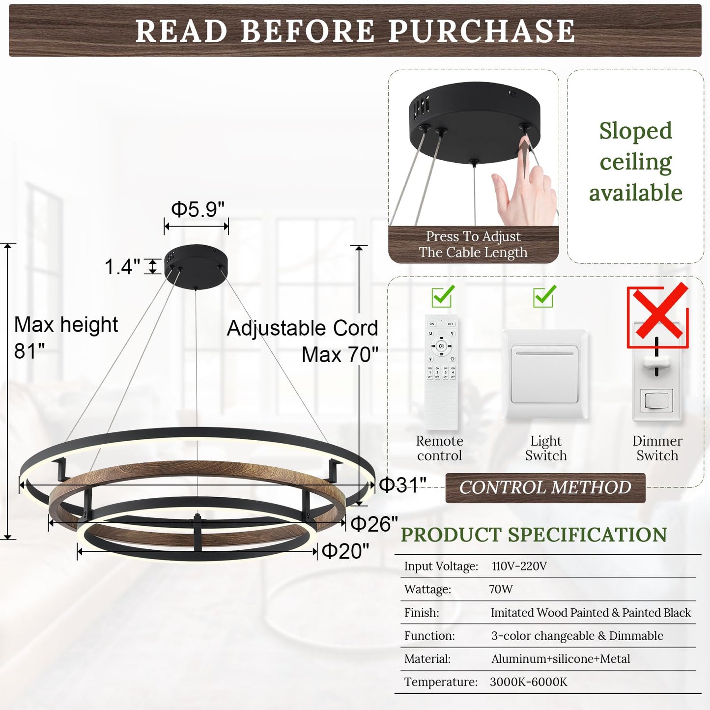 CaraLuxe 3 Ring LED Chandelier Black Walnut Wood 31in Dimmable Light Fixture for Foyer Dining Room Bedroom Office