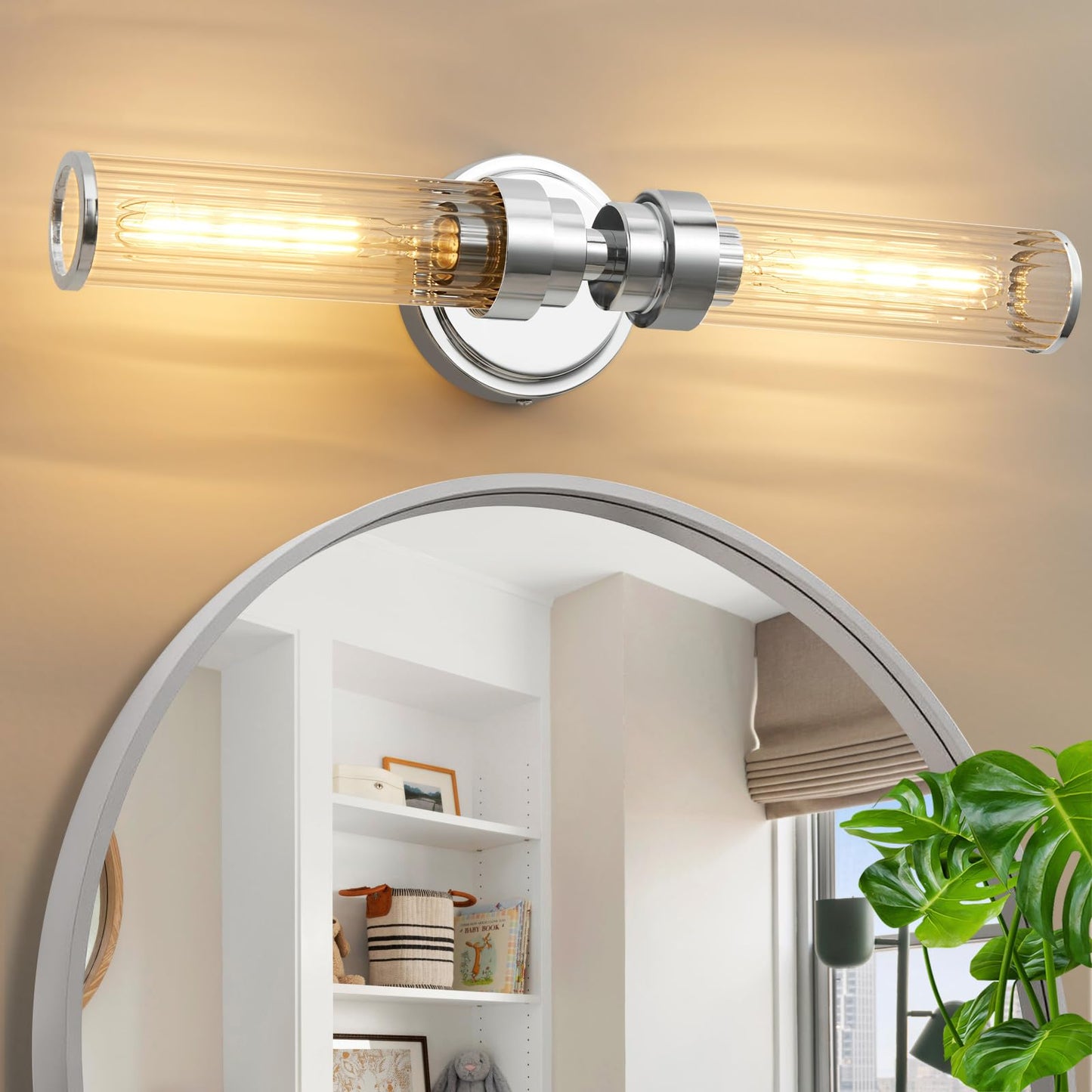 Vaziden Bathroom Light Fixtures Chrome Wall Sconce In Threaded Glass Indoor Vanity Lights Modern Bathroom Vanity Light Up And Down Sconces Wall Lighting For Bathroom Living Room - Bulb Not Included