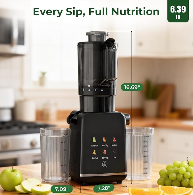 Cold Press Juicer Machine, 4.4" Wide Feed Chute, Slow Masticating Juicer for Whole Vegetables & Fruits, Easy to Clean & Assemble, Dishwasher Safe, High Juice Yield, Digital Color Control Panel
