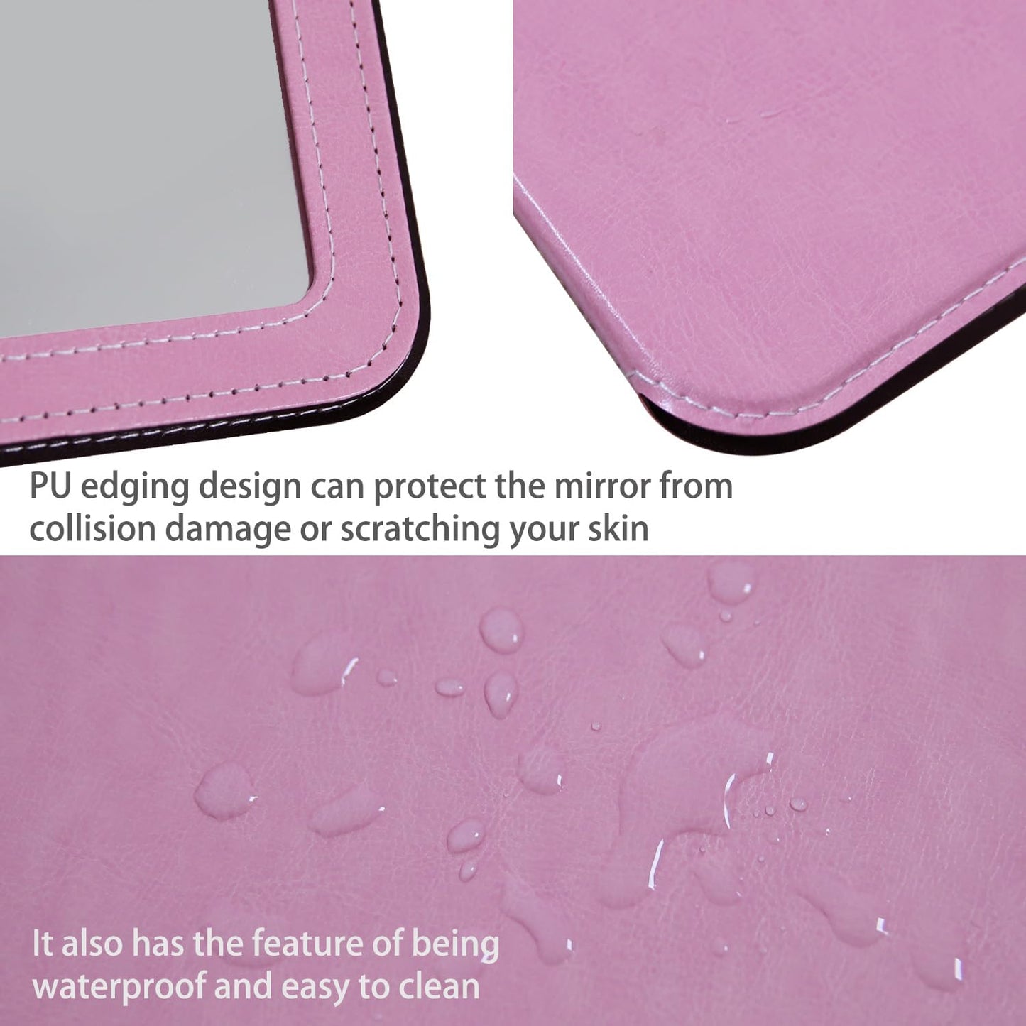 PDOZV Travel Mirror for Desk, 5.3 6.9 Adjustable Rectangle PU Edge Covering Pink Foldable Desk Mirror with Stand for Travel