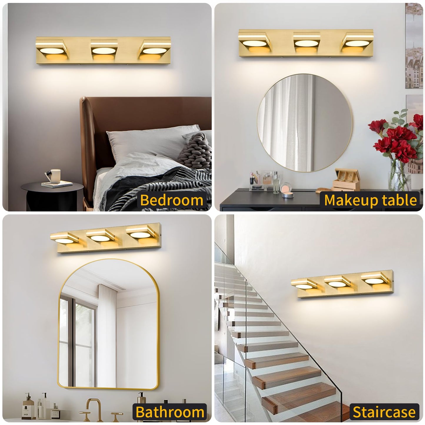 Okeli 3-Light Led Bathroom Vanity Light Fixtures Gold Modern Bathroom Wall Lighting Fixtures Over Mirror (3Cct 3000K-6000K)