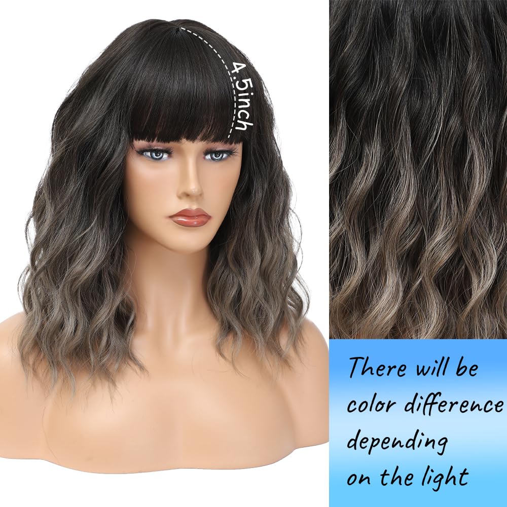 Short Wavy Gray Wig with Bangs 14inch Ombre Grey Highlight Brown Wigs for Women Short Curly Bob Wigs Synthetic Natural Looking H