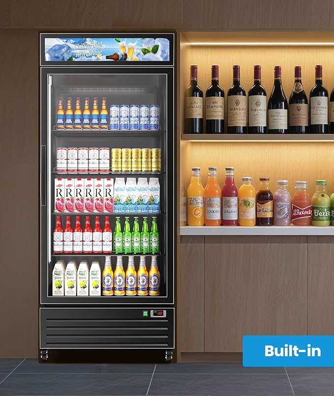Tylza Commercial Refrigerator with Glass Door Display Beverage Fridge, 21.2 Cu Ft Upright Beverage Cooler Merchandiser with Rebound Door, Fast Cooling, Low Noise, Black