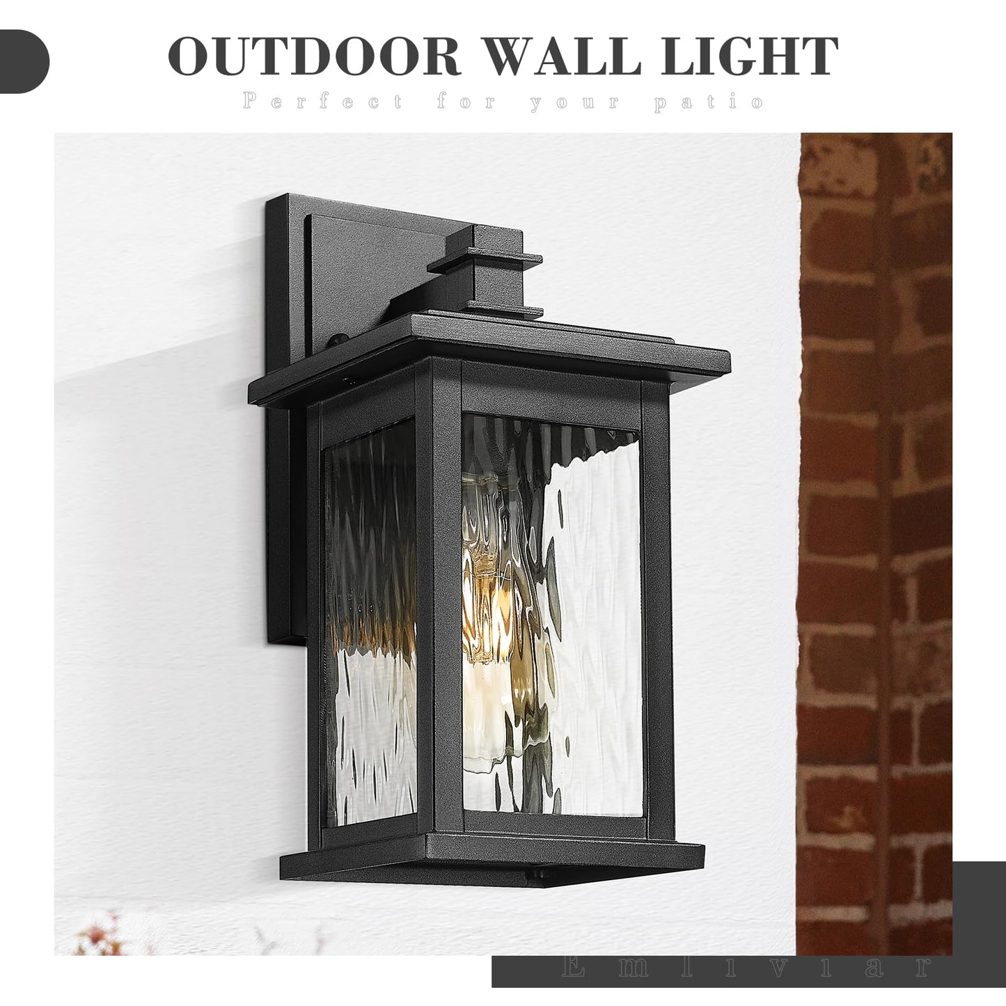 Emliviar 2-Pack Outdoor Wall Lights, 12 Inch Black Aluminum Fixture, Water Ripple Glass, Model 1803EW1-2PK-WP BK