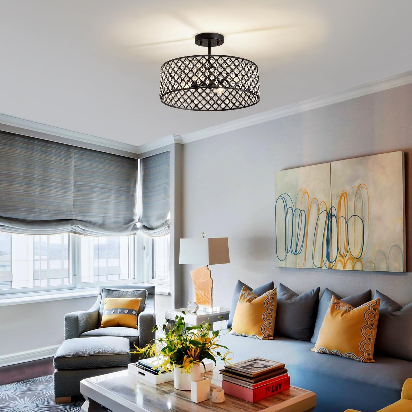 Bzvesr Black Crystal Ceiling Light Fixture Modern Semi Flush Mount Ceiling Lighting Fixture Round Small Chandelier For Dining Room Hallway Entryway Kitchen Bedroom Foyer 4 Light 15.7 Inch
