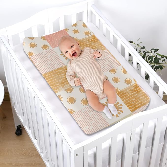 Colorful Boho Sun Changing Pad Covers Cute Sunshine Stripes Diaper Change Pad Sheets for Girls Boys Letters Quote Soft Breathable Stretchy Snug Fitted Changing Mat Cover 32''x16''