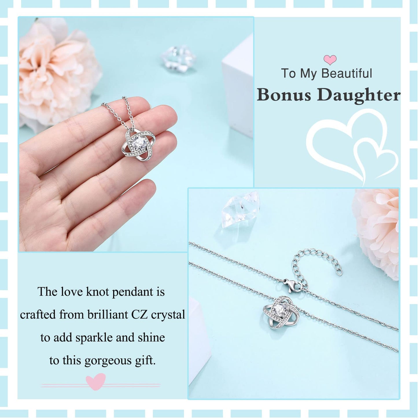 UNGENT THEM Silver Love Knot Necklace, Women's Hypoallergenic Stainless Steel Stepdaughter Gift for Birthday, Graduation, Christ