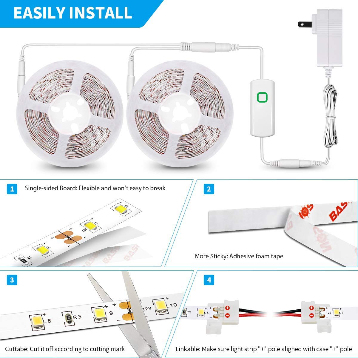 MY BEAUTY LIGHT LED Strip Lights, 32.8FT, White, Dimmable, Flexible Rope Lights with Power Supply, Clips, Dimmer Switch, Model ZH117-6000K