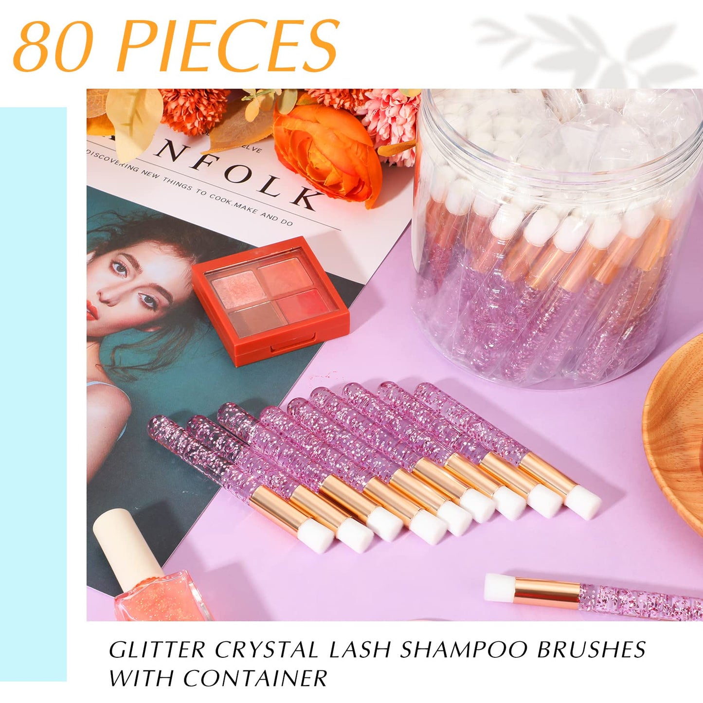 80 Pcs Lash Shampoo Brushes with Container Pink Eyelash Cleaning Bulk Glitter Eyelash Extension Cleansing Crystal Facial Cosmeti