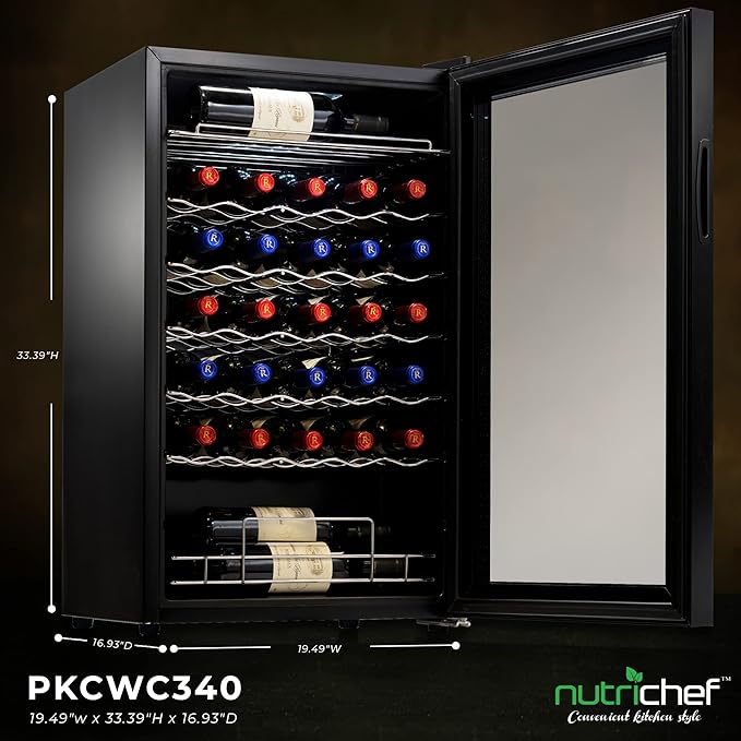 NutriChef PKCWC340 Wine Fridge, 34 Bottle Single Zone Beverage Chiller, 93.5L Capacity, 33x19x17 IN, Black