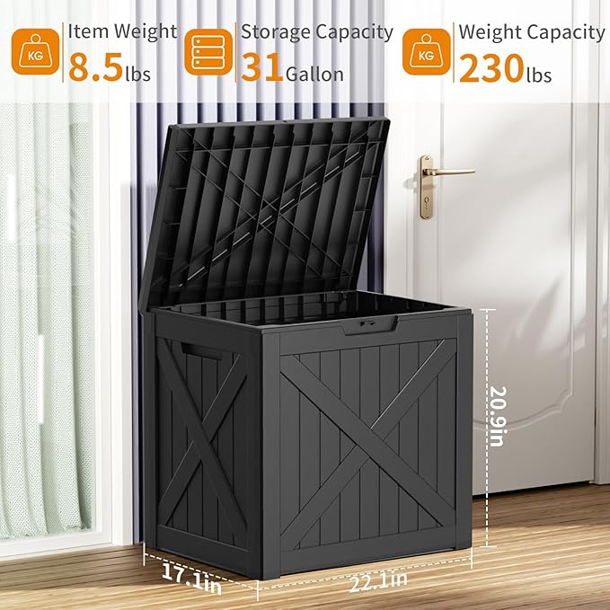 32 Gallon Resin Deck Box, Lockable Outdoor Storage Box for Patio Cushions Storage Furniture,Garden Tools, Pool Supplies, Weatherproof and UV Resistant(Black X)