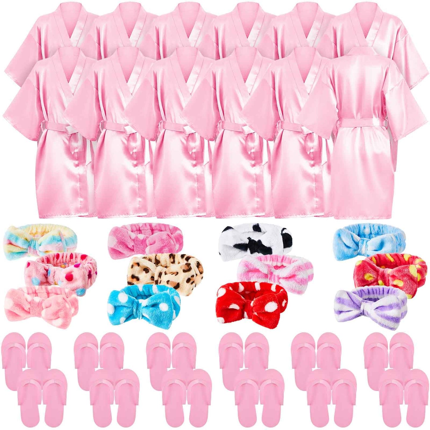 Xuhal 36 Pcs Spa Party Supplies for Girls 12 Kimono Robe V Neck Bathrobe 12 Soft Spa Headband 12 Disposable Foam Slippers small