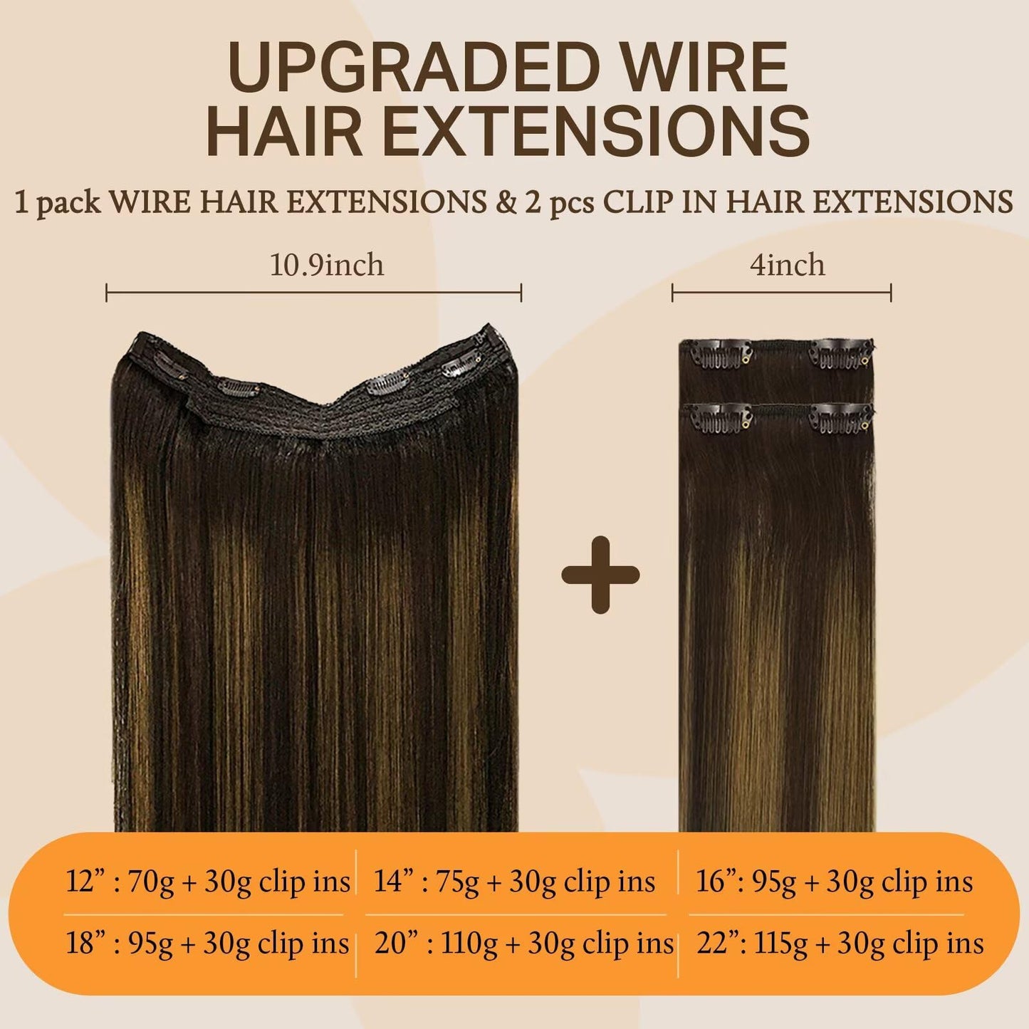 DOORES Wire Hair Extensions, Balayage Chocolate Brown to Honey Blonde 12 Inch 70g Fish Line Weft Extensions and 2pcs 30g Clip in