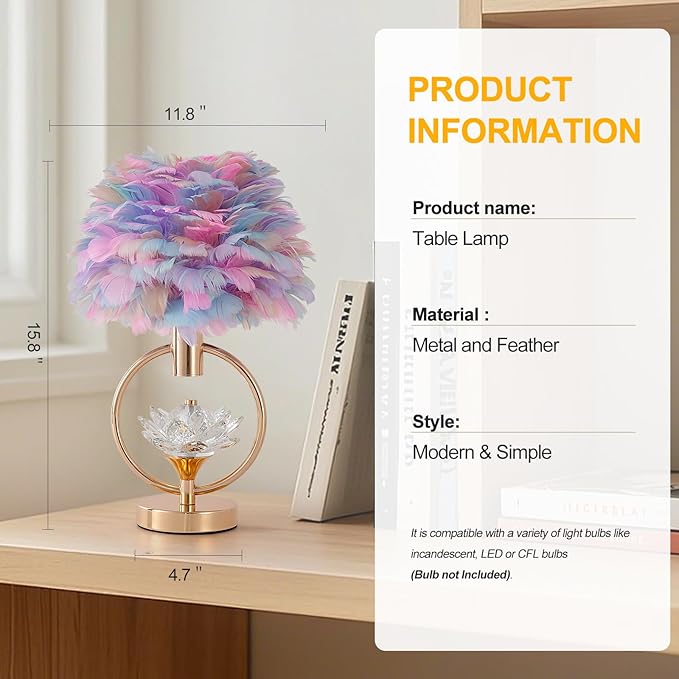 Colorful Feather Lamp Unique Feather Bedside Nightstand Light Goose Furry Desk Lamp Romantic Atmosphere Table Lamp for Girl Bedroom Wedding Decor Living Room Hotel 17IN