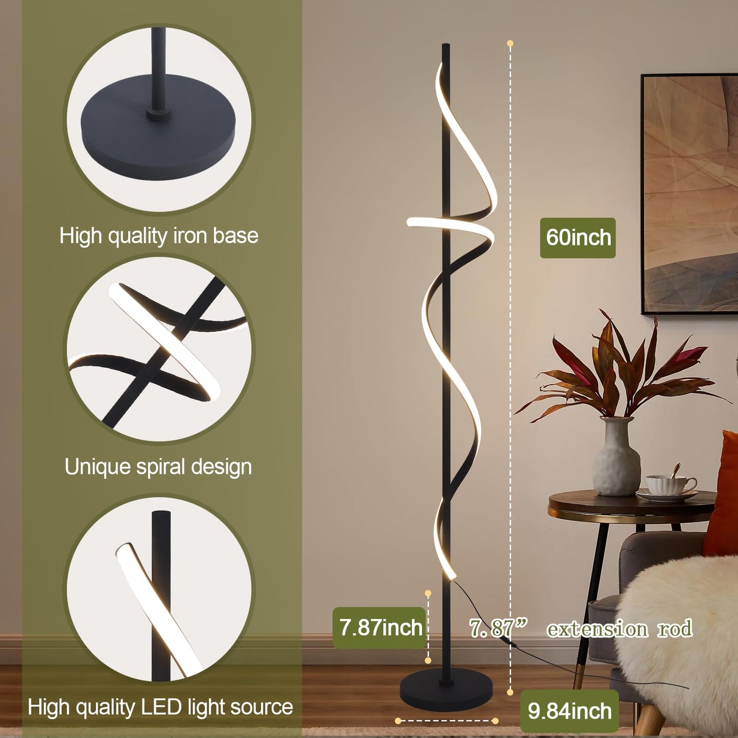 EIDISUNY Modern Spiral Floor Lamp, 48W LED, Dimmable, 60in Tall, Black, Model FL-YLC002BK