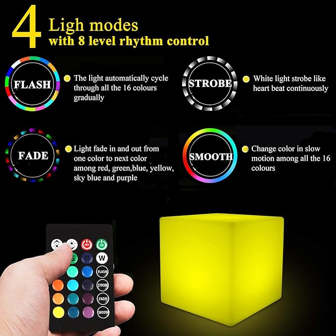 8-inch Waterproof LED Light Cube, USB Rechargeable Mood Light, 16 RGB Colors Changing Night Lights with Remote, Nursery Glow Kid Stool for Kids Room, Bedroom & Outdoor Decor