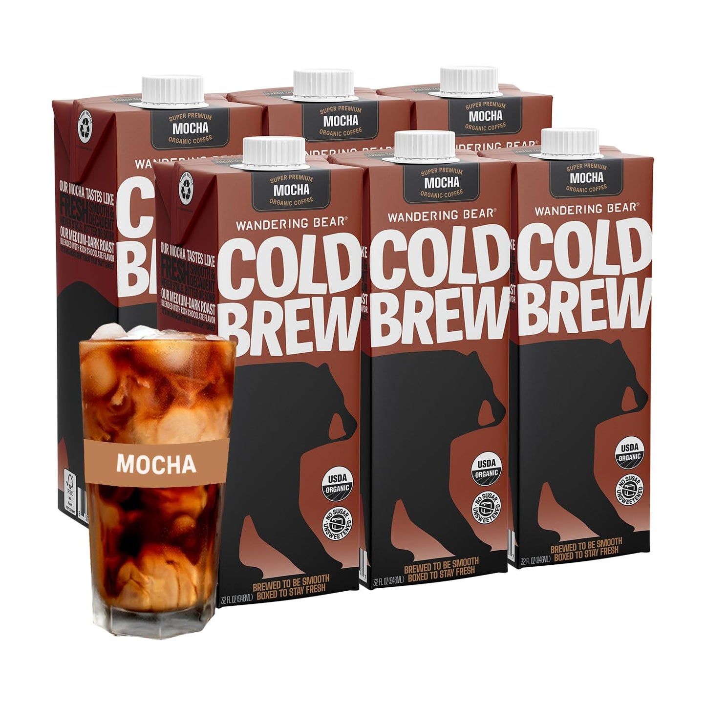 Wandering Bear Organic Mocha Cold Brew Coffee 32 fl oz 6 pack - Extra Strong Bold Smooth Unsweetened Shelf-Stable Ready to Drink Gluten Free & Vegan Iced Cold Brewed Coffee Drinks