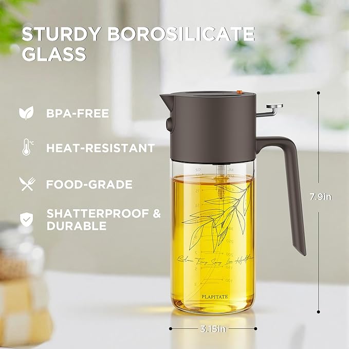 17oz/500ml Premium Olive Oil Sprayer for Cooking, 2 in 1 Glass Olive Oil Dispenser Bottle for Kitchen Gadgets, Spray Bottle with Portion Control for Salad, Frying, BBQ (Gray)
