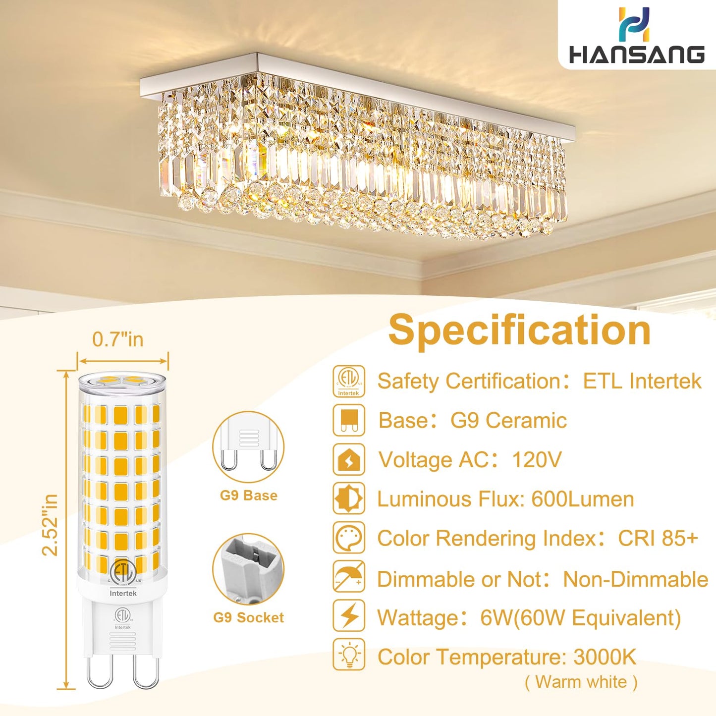 hansang G9 Led Bulb,6W(60W Halogen Bulb Replacement), Chandelier Light Bulbs,88 LEDs,Warm White 3000K,Non-dimmable,G9 Bi Pin Base,360° Transparent Plastic,550LM,Pack of 6