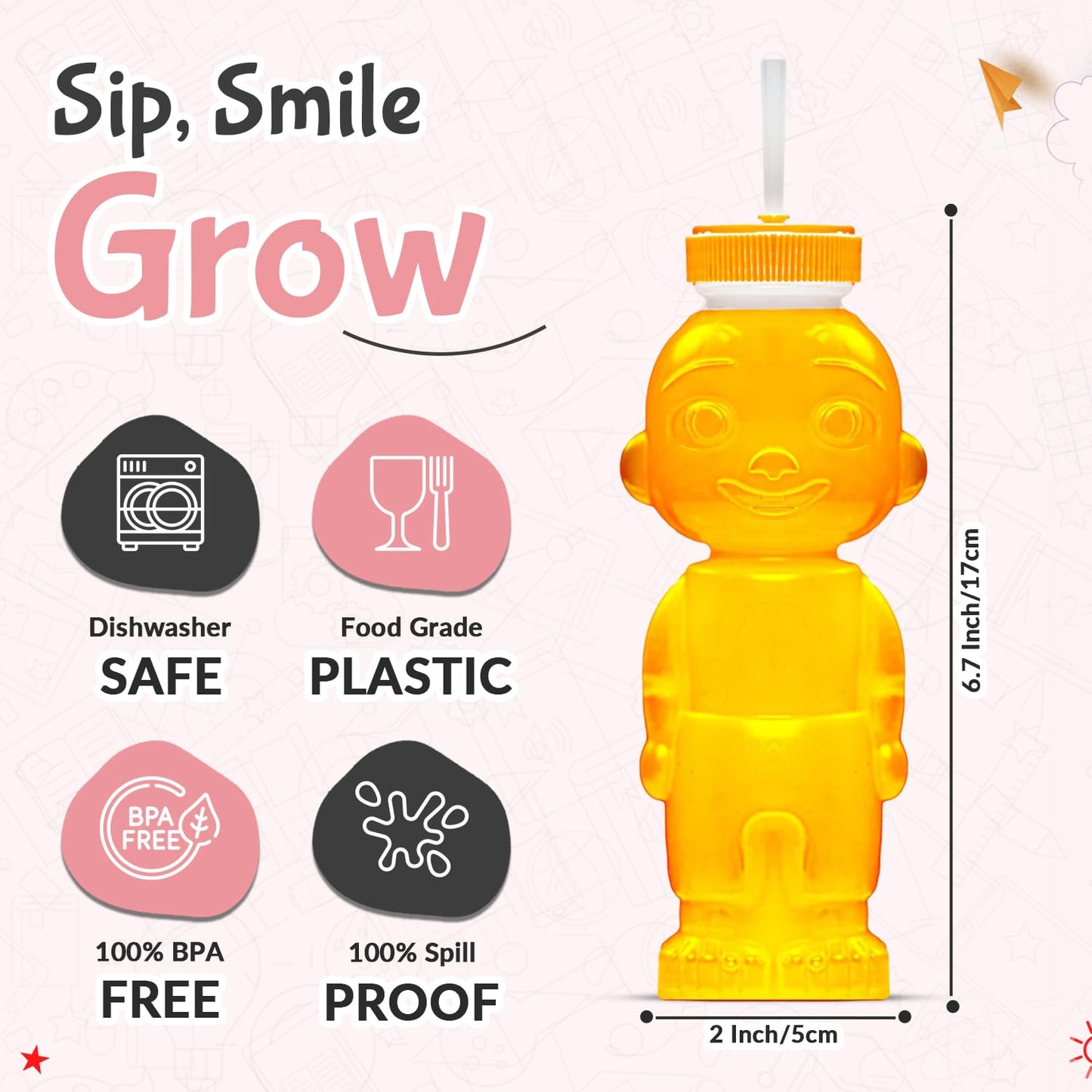 2 Pack Honey Bear Straw Cup for Babies - 8-oz Honeybear Bottle Baby Cup Set with Improved Safety Lid Design,Training Straws & Cleaning Kit, Leak-Proof Therapy Learning Sippy Cups,Food-Grade & BPA Free