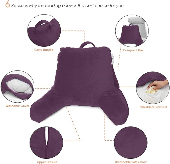 Nestl Reading Pillow for Kids, Small Bed Pillow, Back Pillow for Sitting in Bed, Memory Foam Chair Pillow, Reading & Bed Rest Pillows, Purple Back Pillow for Bed, Arm Pillow with Pockets