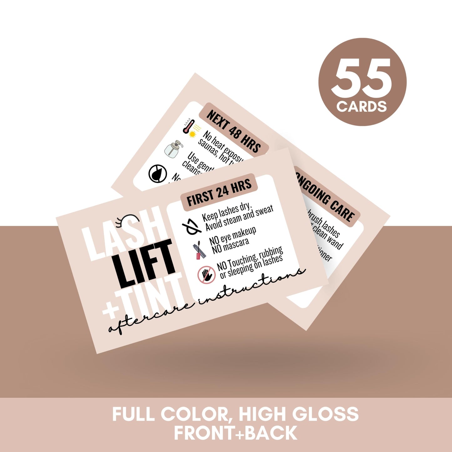 Cute Modern Lash Lift and tint Aftercare Cards - 55 Cards - Full Color high gloss front and back great for lash artist - lash li