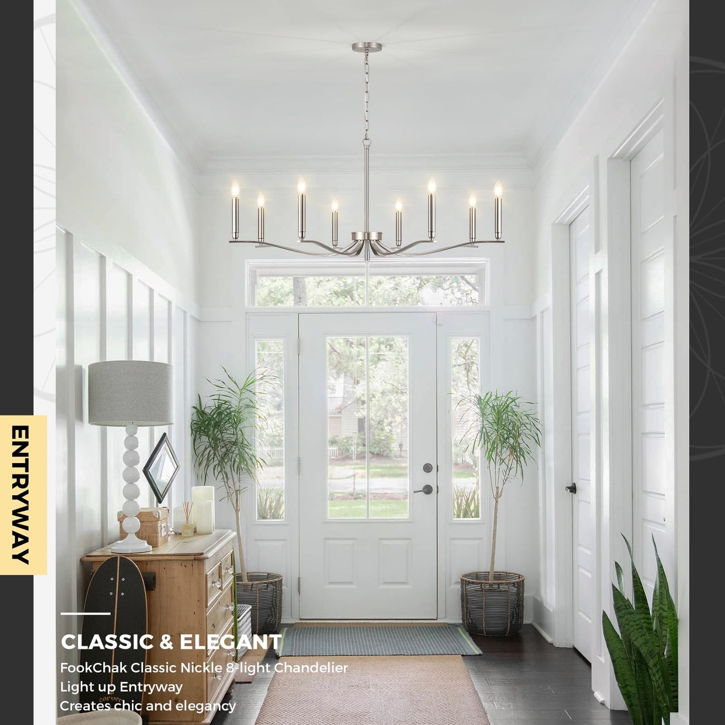 Fookchak Nickel Chandeliers For Dining Room 8-Light Chandelier Light Fixture Over Table Modern Candle Chandelier 44In Master Bedroom Chandeliers Lighting For Entry Foyer Bathtub Living Room