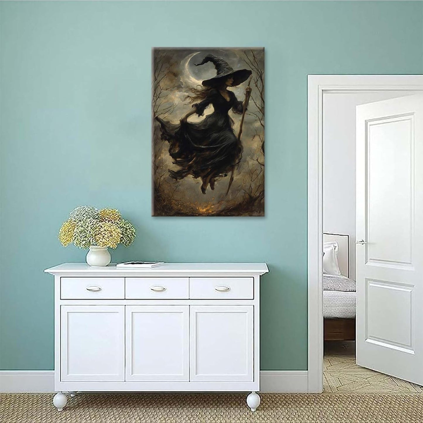 Witch in the Forest Halloween Print Wall Art Poster Witch Decor Vintage Print Dark College Wall Art Victorian Gothic Room Decor Canvas Wall Print20x30in Wood Framed