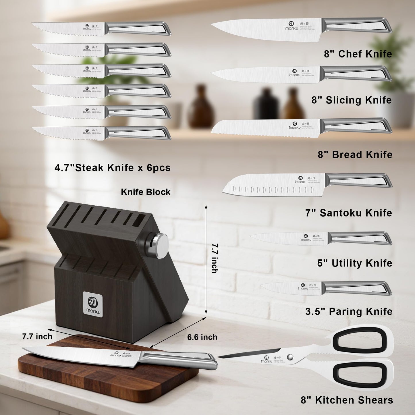 imarku Japanese High Carbon Stainless Steel Knife Set with Block, Precision-Forged Gyutou Kitchen Knives with Built-in Sharpener, Ultra-Sharp 10ā15° Edge, Ergonomic Non-Slip Handle, Dishwasher Safe