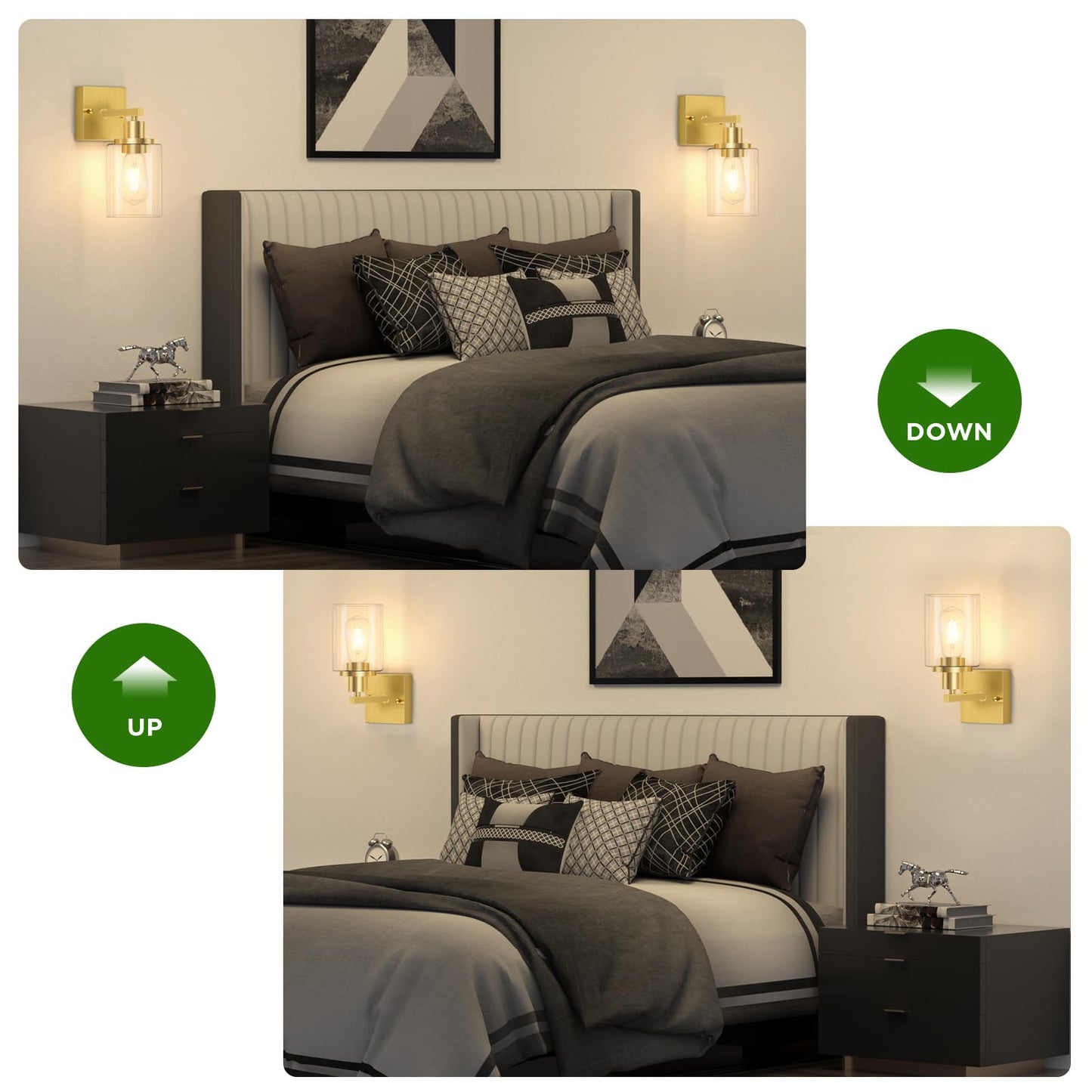 Licperron Gold Wall Sconces Set of 2, Modern Glass Shade Lighting Fixtures for Bathroom, Bedroom, Living Room, Hallway, E26 Base